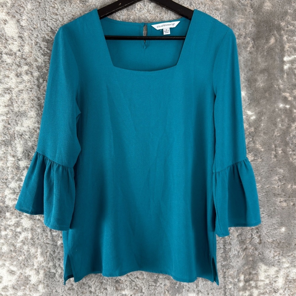 Counterparts Size S‎ Bell Sleeve Square Neck Top Blue Pullover Casual